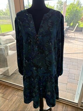 Dark Teal Floral Long-Sleeve Women's Dress